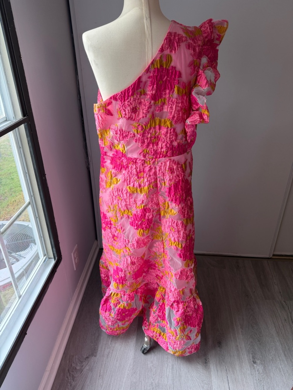 One-Shoulder gingham and heels boutique formal Pink Floral Maxi Dress - Picture 3 of 7